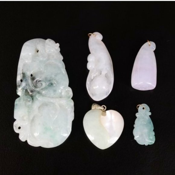 14K Gold Carved Jadeite and Mother-of-Pearl Pendants - Picture 1 of 8
